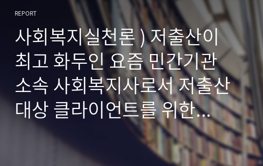 사회복지실천론 ) 저출산이 최고 화두인 요즘 민간기관 소속 사회복지사로서 저출산 대상 클라이언트를 위한 프로그램 계획서를 작성해 주세요.