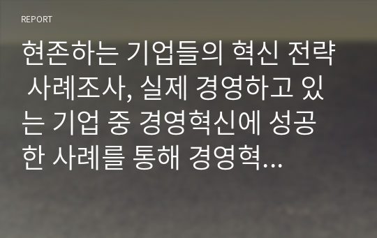 현존하는 기업들의 혁신 전략 사례조사, 실제 경영하고 있는 기업 중 경영혁신에 성공한 사례를 통해 경영혁신을 정의하시오