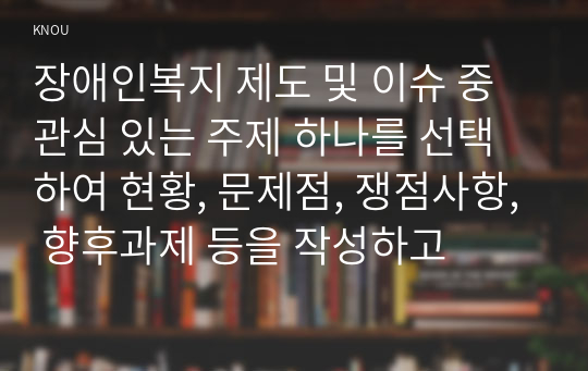 장애인복지 제도 및 이슈 중 관심 있는 주제 하나를 선택하여 현황, 문제점, 쟁점사항, 향후과제 등을 작성하고