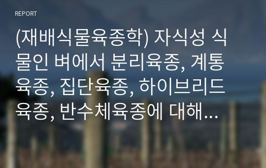 (재배식물육종학) 자식성 식물인 벼에서 분리육종, 계통육종, 집단육종, 하이브리드육종, 반수체육종에 대해 서술