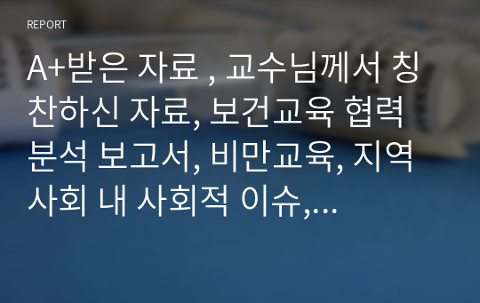 A+받은 자료 , 교수님께서 칭찬하신 자료, 보건교육 협력분석 보고서, 비만교육, 지역사회 내 사회적 이슈, 교육 협력분석 보고서