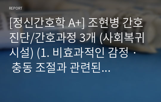 [정신간호학 A+] 조현병 간호진단/간호과정 3개 (사회복귀시설) (1. 비효과적인 감정 · 충동 조절과 관련된 폭력의 위험성, 2. 대인관계 능력의 부족과 관련된 사회적 고립)