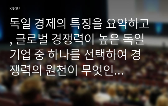 독일 경제의 특징을 요약하고, 글로벌 경쟁력이 높은 독일 기업 중 하나를 선택하여 경쟁력의 원천이 무엇인지 분석하시오.