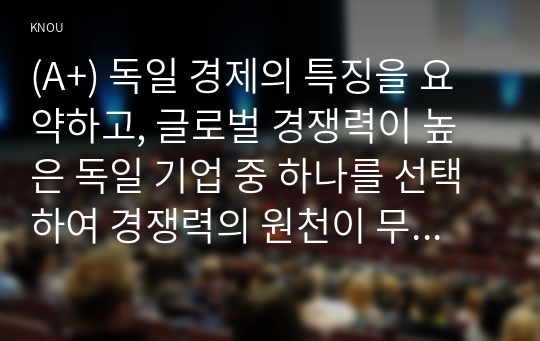 (A+) 독일 경제의 특징을 요약하고, 글로벌 경쟁력이 높은 독일 기업 중 하나를 선택하여 경쟁력의 원천이 무엇인지 분석하시오.