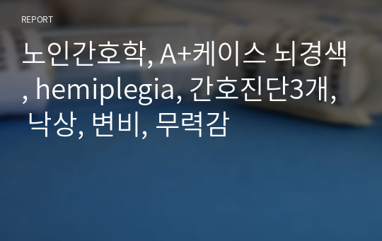 노인간호학, A+케이스 뇌경색, hemiplegia, 간호진단3개, 낙상, 변비, 무력감