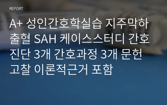 A+ 성인간호학실습 지주막하출혈 SAH 케이스스터디 뇌출혈 간호진단 3개 간호과정 3개 문헌고찰 이론적근거 포함