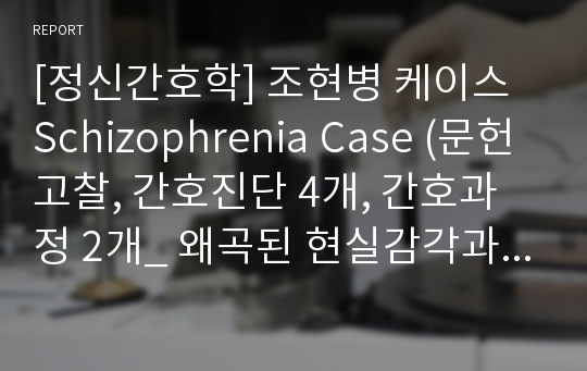 [정신간호학] 조현병 케이스 Schizophrenia Case (문헌고찰, 간호진단 4개, 간호과정 2개_ 왜곡된 현실감각과 관련된 감각장애, 망상적 사고와 관련된 사고과정장애)