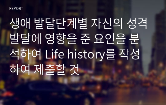 생애 발달단계별 자신의 성격발달에 영향을 준 요인을 분석하여 Life history를 작성하여 제출할 것