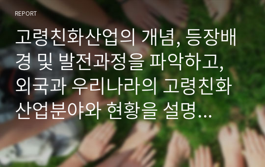 고령친화산업의 개념, 등장배경 및 발전과정을 파악하고, 외국과 우리나라의 고령친화산업분야와 현황을 설명한 후