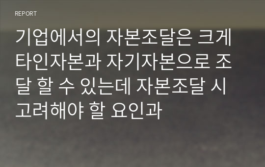 기업에서의 자본조달은 크게 타인자본과 자기자본으로 조달 할 수 있는데 자본조달 시 고려해야 할 요인과