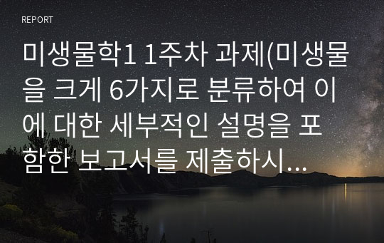 미생물학1 1주차 과제(미생물을 크게 6가지로 분류하여 이에 대한 세부적인 설명을 포함한 보고서를 제출하시오. (단, 각 미생물 간의 공통점이나 차이점을 명시할 것)).hwp