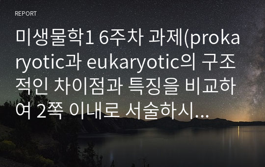 미생물학1 6주차 과제(prokaryotic과 eukaryotic의 구조적인 차이점과 특징을 비교하여 2쪽 이내로 서술하시오.).hwp