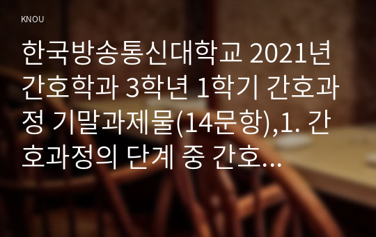 한국방송통신대학교 2021년 간호학과 3학년 1학기 간호과정 기말과제물(14문항),1. 간호과정의 단계 중 간호평가 단계가 무엇인지 기술하시오. 또한, 간호평가를 수행하는 세부 활동에 관해 설명하시오. (6점)2. 국제간호실무 분류체계(ICNP)의 개발 목적에 관해 설명하시오. 또한, ICNP 등 간호분류체계가 위에서 제시한 개발 목적에 비추어 어느 정도