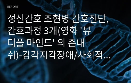 정신간호 조현병 간호진단, 간호과정 3개(영화 &#039;뷰티풀 마인드&#039; 의 존내쉬)-감각지각장애/사회적 고립/타인에 대한 폭력위험성