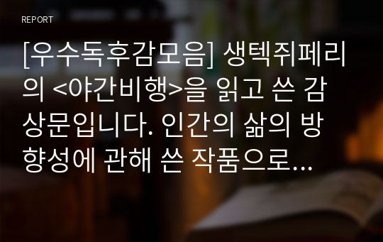 [우수독후감모음] 생텍쥐페리의 &lt;야간비행&gt;을 읽고 쓴 감상문입니다. 인간의 삶의 방향성에 관해 쓴 작품으로 매우 우수한 작품입니다.