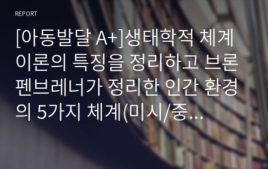 [아동발달 A+]생태학적 체계 이론의 특징을 정리하고 브론펜브레너가 정리한 인간 환경의 5가지 체계(미시/중간/외/거시/시간)를 학습자 자신을 주인공으로 선정하여, 현재 상황에서 구체적으로 설명하고, 분석하시오.