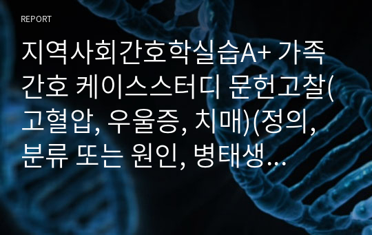 지역사회간호학실습A+ 가족간호 케이스스터디 문헌고찰(고혈압, 우울증, 치매)(정의, 분류 또는 원인, 병태생리, 증상과 징후, 진단, 치료, 간호)