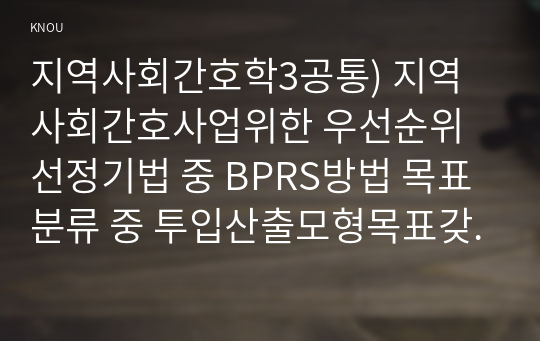 지역사회간호학3공통) 지역사회간호사업위한 우선순위선정기법 중 BPRS방법 목표분류 중 투입산출모형목표갖추어야 할 기준인 SMART 기술하시오0k