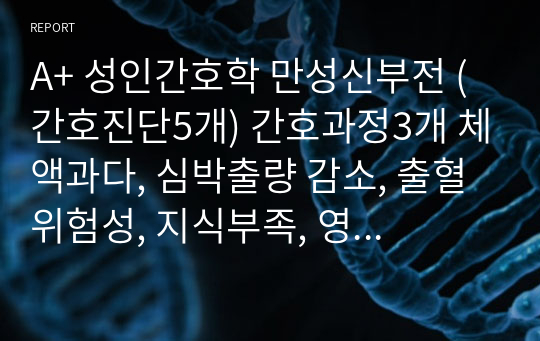 A+ 성인간호학 만성신부전 (간호진단5개) 간호과정3개 체액과다, 심박출량 감소, 출혈 위험성, 지식부족, 영양부족 위험성