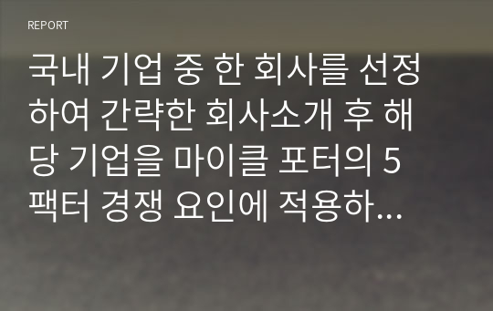 국내 기업 중 한 회사를 선정하여 간략한 회사소개 후 해당 기업을 마이클 포터의 5 팩터 경쟁 요인에 적용하여 경쟁력