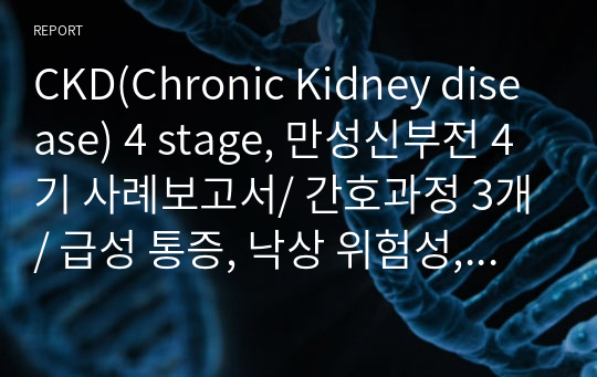 CKD(Chronic Kidney disease) 4 stage, 만성신부전 4기 사례보고서/ 간호과정 3개/ 급성 통증, 낙상 위험성, 비효율적 대응/ 질병연구/ 간호력/ 신체검진/ 진단적 검사 및 기타 처치, 투여약물/ 총괄적 소견 및 간호진단 진술/ 간호진단 우선순위 근거/