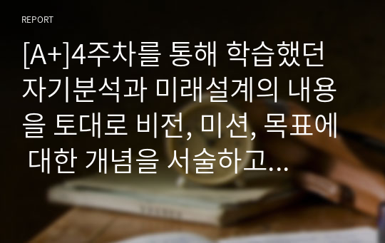 [A+]4주차를 통해 학습했던 자기분석과 미래설계의 내용을 토대로 비전, 미션, 목표에 대한 개념을 서술하고 자신의 비전, 미션, 목표를 개념에 적용하여 논하시오. 서론, 본론, 결론으로 정리하시오.