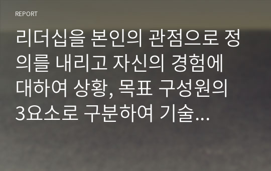 리더십을 본인의 관점으로 정의를 내리고 자신의 경험에 대하여 상황, 목표 구성원의 3요소로 구분하여 기술하고 마지막으로 시사점을 정리해주세요