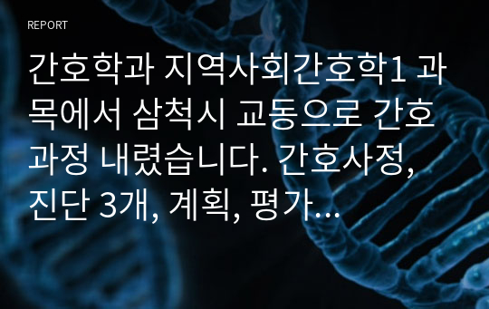 간호학과 지역사회간호학1 과목에서 삼척시 교동으로 간호과정 내렸습니다. 간호사정, 진단 3개, 계획, 평가 있고 수행은 없습니다. 간호과정은 진단 중 1개만 내렸습니다.