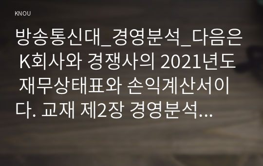 방송통신대_경영분석_다음은 K회사와 경쟁사의 2021년도 재무상태표와 손익계산서이다. 교재 제2장 경영분석의 기초 내용에 따라 다음 재무비율의 공식과 의미를 설명하고, K회사와 경쟁사의 재무비율을 계산하여 K회사의 경영상태를 경쟁사와 비교하여 평가하시오.