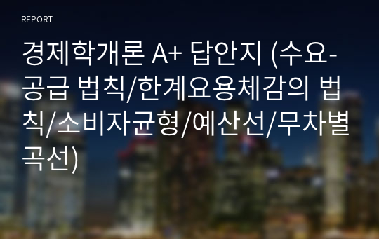 경제학개론 A+ 답안지 (수요-공급 법칙/한계요용체감의 법칙/소비자균형/예산선/무차별곡선)