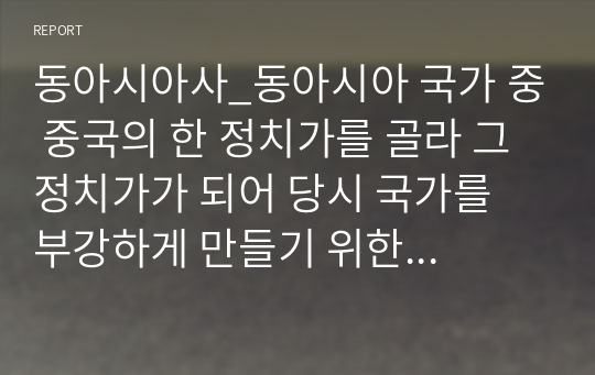 동아시아사_동아시아 국가 중 중국의 한 정치가를 골라 그 정치가가 되어 당시 국가를 부강하게 만들기 위한 정책 제안