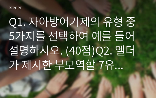 Q1. 자아방어기제의 유형 중 5가지를 선택하여 예를 들어 설명하시오. (40점)Q2. 엘더가 제시한 부모역할 7유형에 대해 설명하고 바람직한 부모의 역할에 대한 자신의 생각을 작성하시오. (60점)