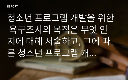 청소년 프로그램 개발을 위한 욕구조사의 목적은 무엇 인지에 대해 서술하고, 그에 따른 청소년 프로그램 개발을 위한 욕구조사 설문지를 구성하세요. 더불어 설문 내용을 선정한 이유에 대해 작성하세요