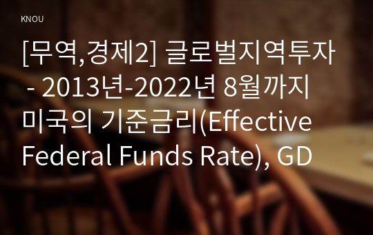 [무역,경제2] 글로벌지역투자 - 2013년-2022년 8월까지 미국의 기준금리(Effective Federal Funds Rate), GDP 변화율, S&amp;P500 지수 등의 추이를 각각 그래프로 그리시오