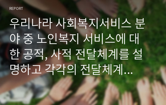 우리나라 사회복지서비스 분야 중 노인복지 서비스에 대한 공적, 사적 전달체계를 설명하고 각각의 전달체계상의 문제점과 발전방안을 제시