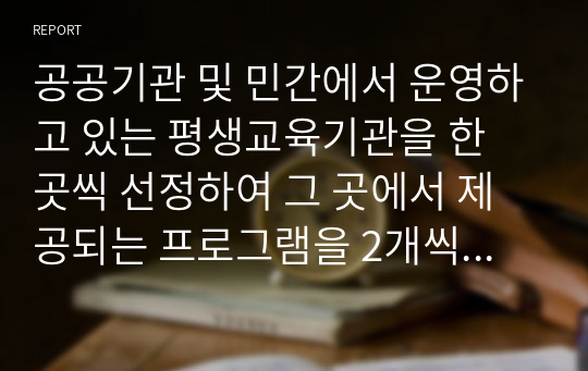 공공기관 및 민간에서 운영하고 있는 평생교육기관을 한 곳씩 선정하여 그 곳에서 제공되는 프로그램을 2개씩 선정한 후 분석해보시오.