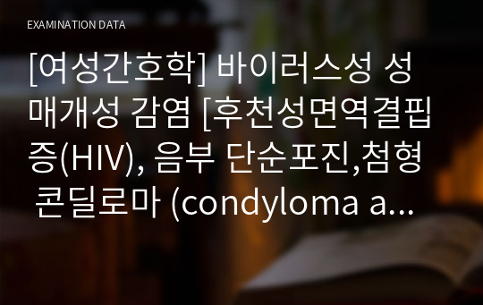 [여성간호학] 바이러스성 성매개성 감염 [후천성면역결핍증(HIV), 음부 단순포진,첨형 콘딜로마 (condyloma acuminatum)] 자료조사, 요약정리, 문헌고찰, 교과서(교재, 필기) 정리 [과제(레포트) 자료조사 시, 시험 대비 자료]