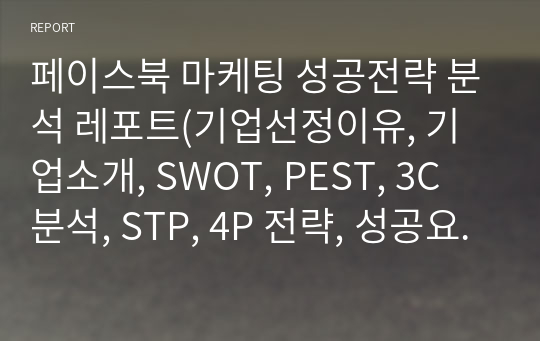 페이스북 마케팅 성공전략 분석 레포트(기업선정이유, 기업소개, SWOT, PEST, 3C 분석, STP, 4P 전략, 성공요인 분석 및 문제점)