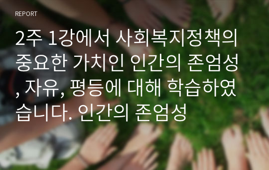 2주 1강에서 사회복지정책의 중요한 가치인 인간의 존엄성, 자유, 평등에 대해 학습하였습니다. 인간의 존엄성