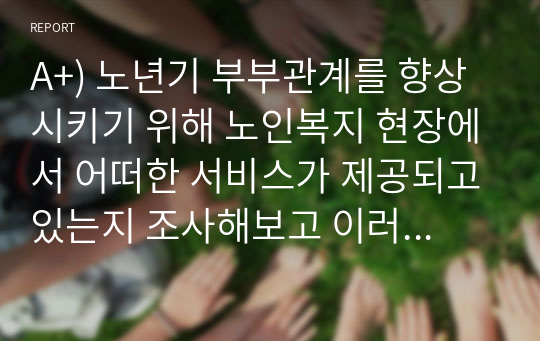 A+) 노년기 부부관계를 향상시키기 위해 노인복지 현장에서 어떠한 서비스가 제공되고있는지 조사해보고 이러한 서비스의 문제점과 개선방안에 대한 자신의 의견을 쓰시오.