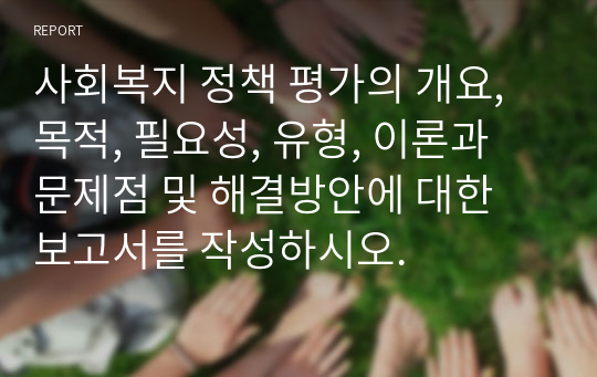 사회복지 정책 평가의 개요, 목적, 필요성, 유형, 이론과 문제점 및 해결방안에 대한 보고서를 작성하시오.