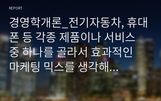 경영학개론_전기자동차, 휴대폰 등 각종 제품이나 서비스 중 하나를 골라서 효과적인 마케팅 믹스를 생각해 보자.