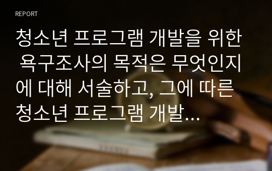 청소년 프로그램 개발을 위한 욕구조사의 목적은 무엇인지에 대해 서술하고, 그에 따른 청소년 프로그램 개발을 위한 욕구조사 설문지를 구성하세요. 더불어 설문 내용을 선정한 이유에 대해 작성하세요.