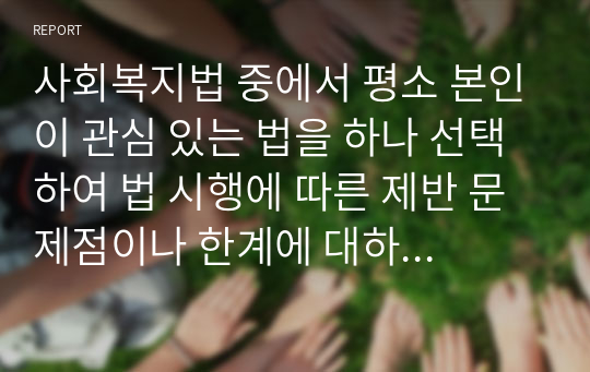 사회복지법 중에서 평소 본인이 관심 있는 법을 하나 선택하여 법 시행에 따른 제반 문제점이나 한계에 대하여 본인의 의견을 설명하시오.