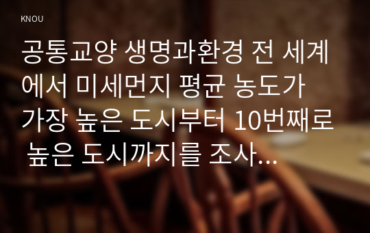 공통교양 생명과환경 전 세계에서 미세먼지 평균 농도가 가장 높은 도시부터 10번째로 높은 도시까지를 조사하고 그 원인을 찾아보시오