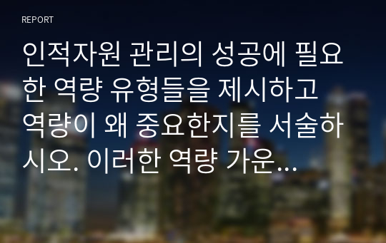 인적자원 관리의 성공에 필요한 역량 유형들을 제시하고 역량이 왜 중요한지를 서술하시오. 이러한 역량 가운데 무엇이 당신이 지니고 있는 강점이고, 당신은 어떤 역량을 발전시키고자 하는지를 논리적이고 체계적으로 서술하시오.