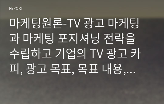 마케팅원론-TV 광고 마케팅과 마케팅 포지셔닝 전략을 수립하고 기업의 TV 광고 카피, 광고 목표, 목표 내용, 광고 효과와 달성 가능성을 제시하시오