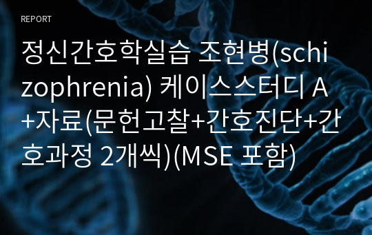 정신간호학실습 조현병(schizophrenia) 케이스스터디 A+자료(문헌고찰+간호진단+간호과정 2개씩)(MSE 포함)