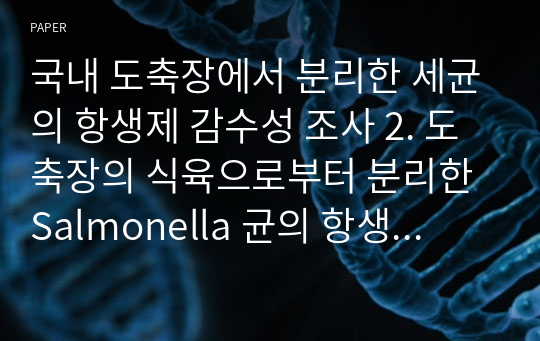 국내 도축장에서 분리한 세균의 항생제 감수성 조사 2. 도축장의 식육으로부터 분리한 Salmonella 균의 항생제 감수성