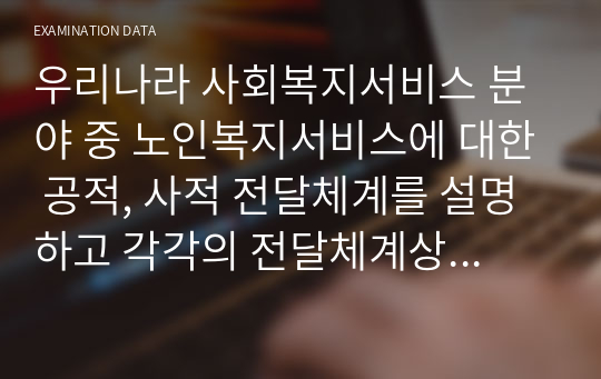 우리나라 사회복지서비스 분야 중 노인복지서비스에 대한 공적, 사적 전달체계를 설명하고 각각의 전달체계상의  문제점과 발전 방안을 제시하시오.